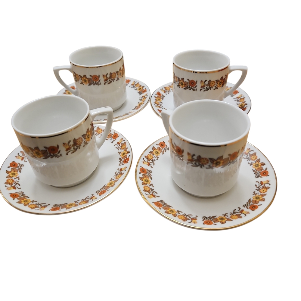 Vintage Floral Espresso Cup Saucer Set of 4 Retro Orange Brown Gold Trim